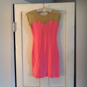 American Apparel Neon Pink Mini Dress with Sheer Tan Yoke